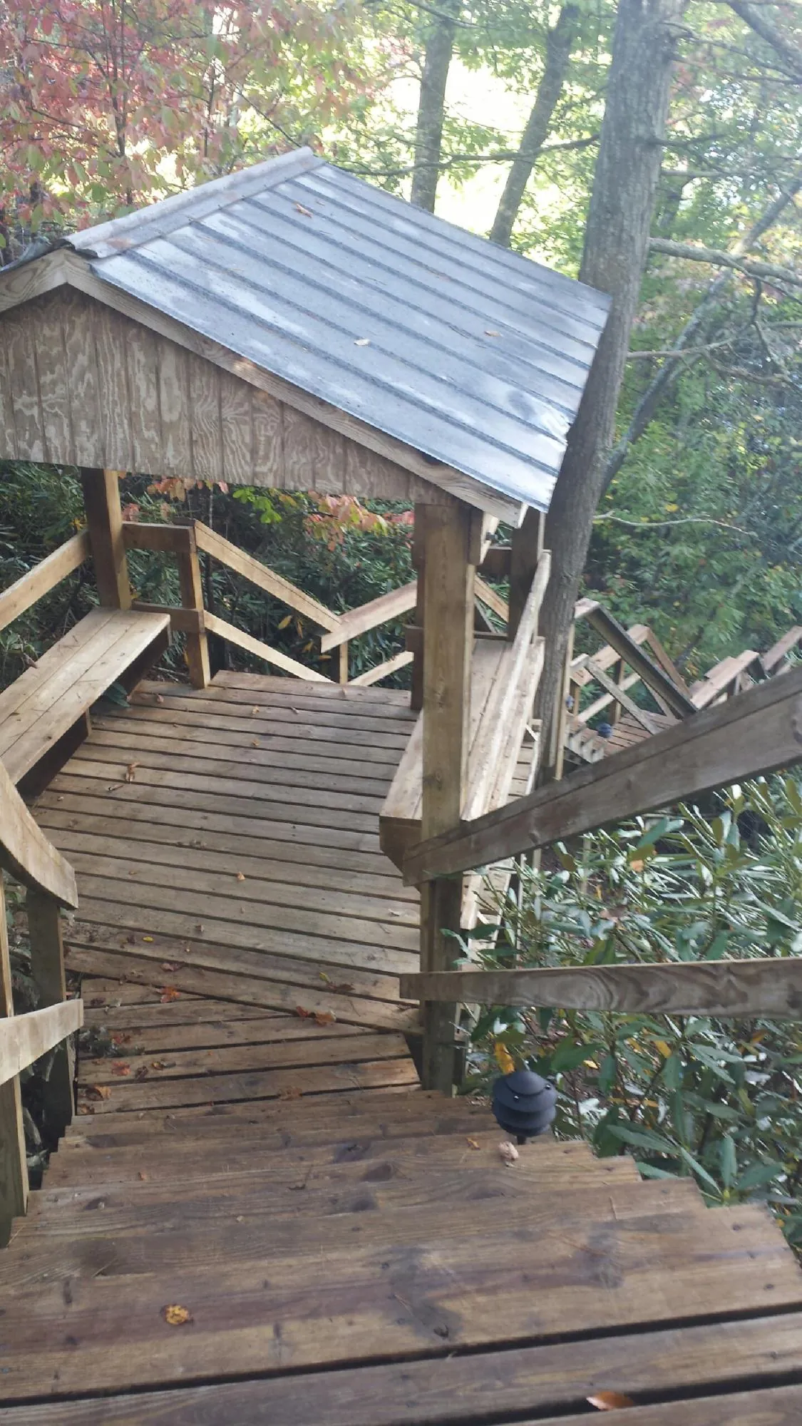 Metal roofed shelter over wooden steps on a wooded walkway — Skylight Repair & Installation work by our crew in Morrison